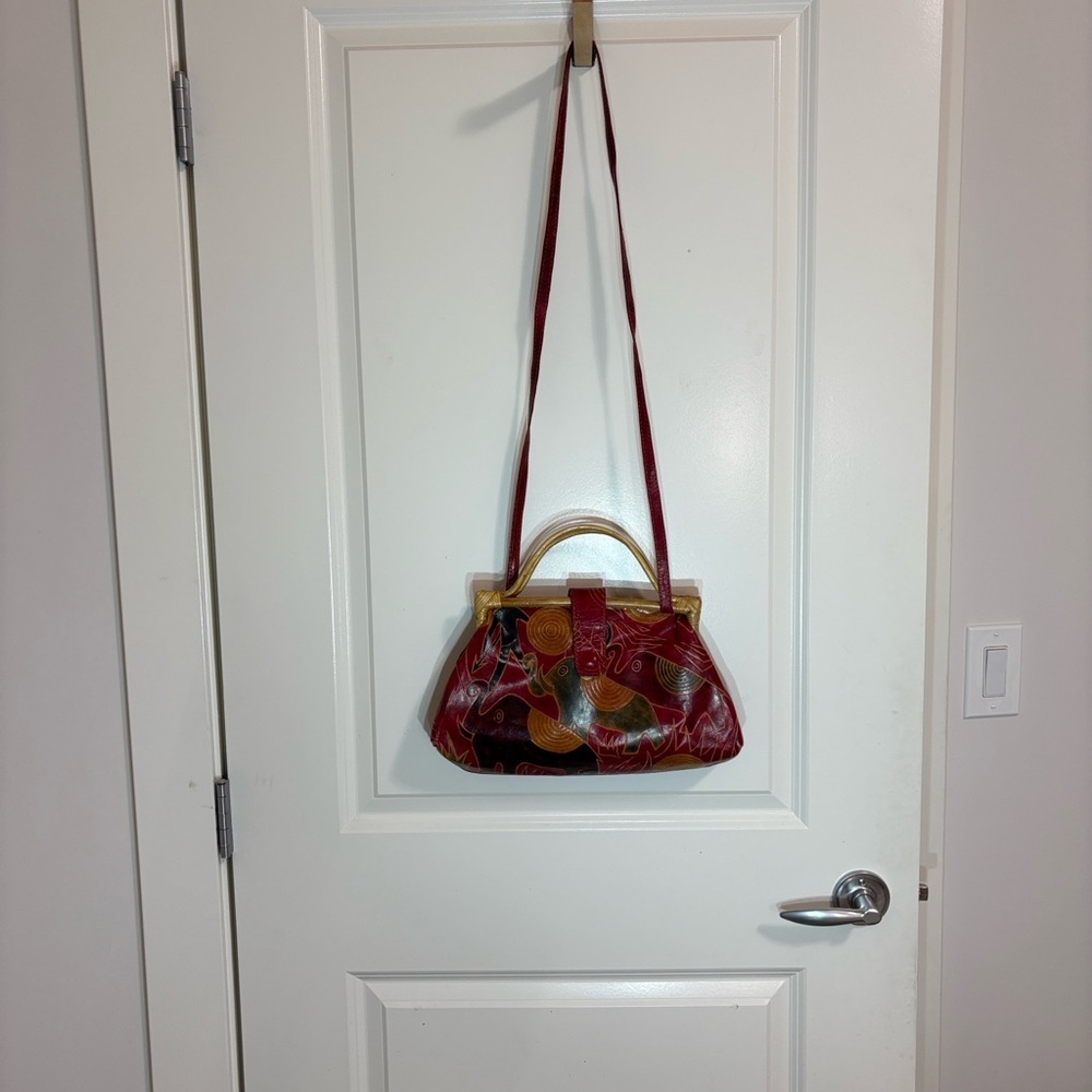 Vintage‎ Elephant Print Red, tan, Greenand Brown crossbody Handbag - Picture 9 of 9